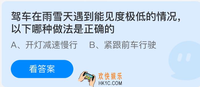 驾车在雨雪天遇到能见度极低的情况，以下哪种做法是正确的