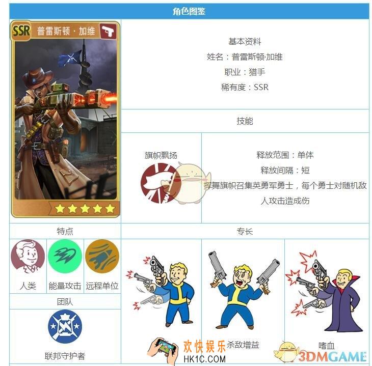 辐射避难所OL普雷斯顿加维怎么样 SSR英雄技能属性图鉴一览
